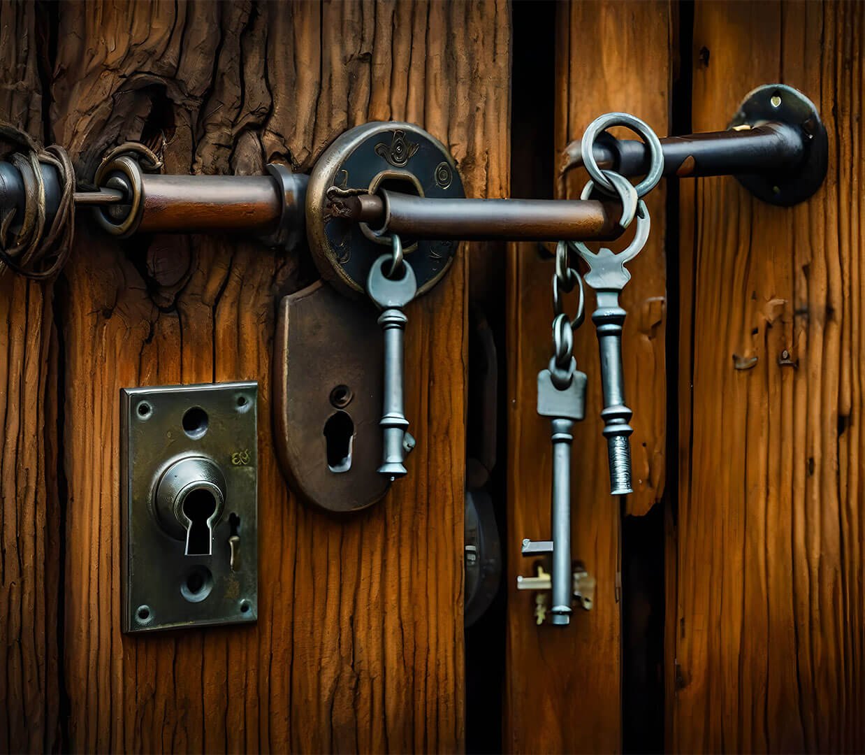 Vintage keys hanging on wooden door lock