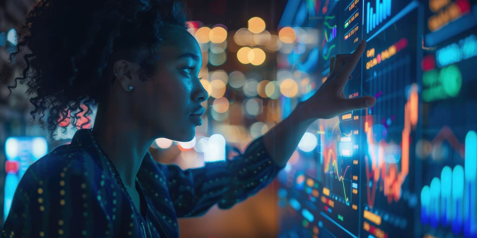 Person analyzing data on interactive screen